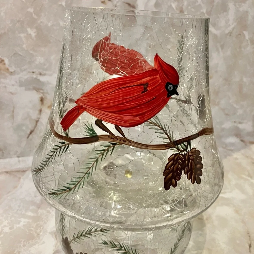 Yankee Candle Crackle Glass Cardinal Lamp Set Votive Holder Hurricane Shade
